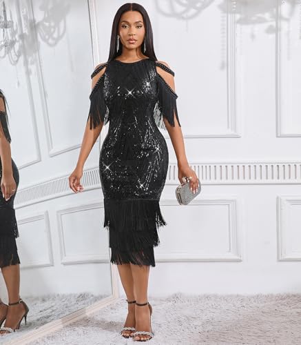 Image of Cololura Sexy Elegant Women Sequin Long Sleeve Tassel Bodycon Midi Dress Party Evening Gown Formal Dress