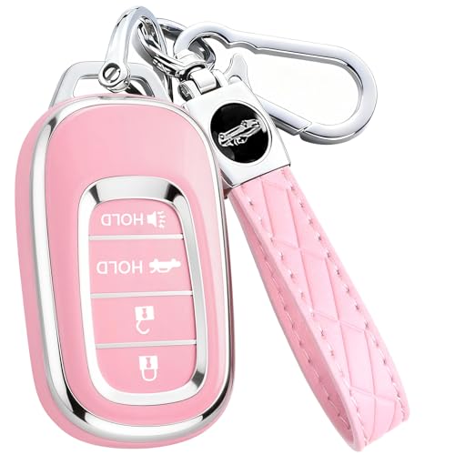 AAWQVRG Key Fob Cover for Honda - Premium Soft TPU Shell Full Protection Case with Keychain Fits Accord Civic HR-V CR-V Pilot Passport Pink 4-Button