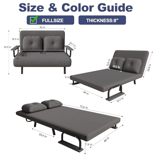 Image of Montary 5-in-1 Folding Sofa Bed for Two 71.6 inch Wide Convertible Chair with 5-Position Adjustable Backrest Pillow, Space-Saving Sleeper for Living Room Bedroom Office,Gray