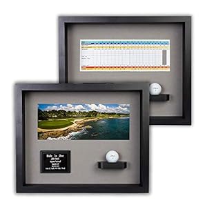 Eureka Golf Products Hole in One Shadowbox and Golf Ball Display Case | Personalized Engraved Plate | Holds Golf Ball and Scorecard or Photo | Horizontal Layout | Black Finish | Wall Mounted