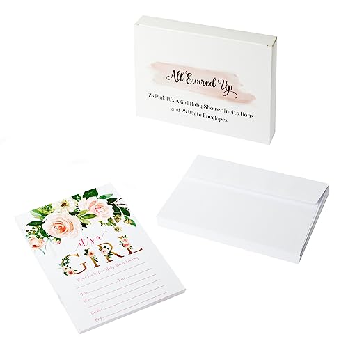 All Ewired Up 25 Pink It's A Girl Baby Shower Invitations With Envelopes (Large Size 5X7) Boxed Set, Double-Sided, Boho Floral Greenery, Sprinkle, Blush Boho #TOP2