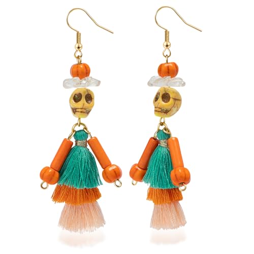 Halloween Skeleton Earrings - Colorful Beaded Pumpkin Tassel Drop Earrings for Women - Unique Handmade Jewelry for Costume Parties