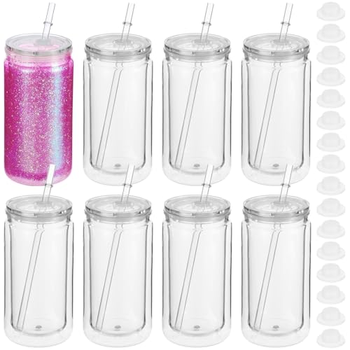 SWEWARM 8 Pcs 16 fl oz Plastic Tumblers with Lids and Straws Double Wall Tumbler with Pre Drilled Hole Bulk Snow Globe Cups Reusable Mason Cup with Silicone Plugs for Cold Drinks DIY Parties