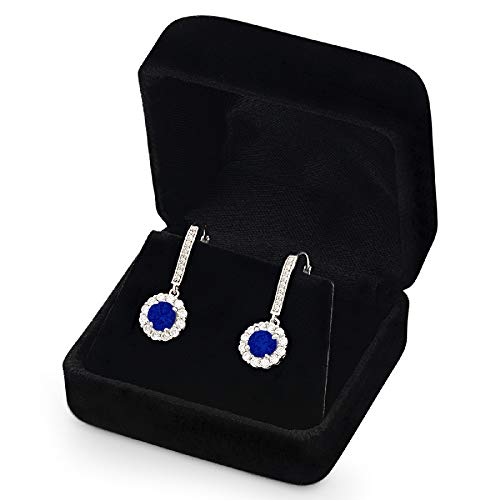 3.49Cttw Brilliant Round Cut Halo Solitaire Flawless Genuine Simulated Cubic Zirconia Blue Sapphire Gemstone Unisex Pair Of Designer Lever Back Drop Dangle Earrings Solid 14K White Gold #TOP1