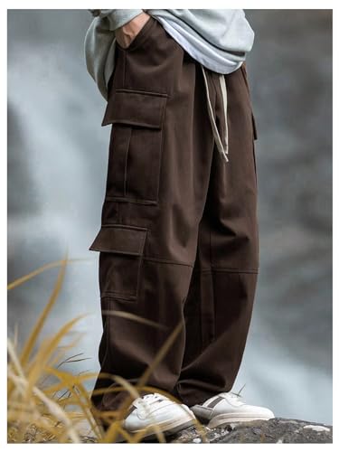 Men's Wide Leg Cargo Pants Drawstring Flap Pockets Hip Hop Baggy Track Pants Streetwear2