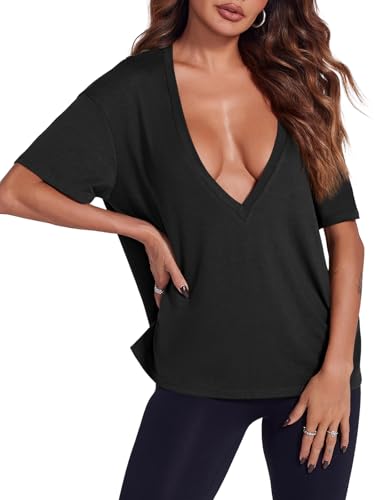 Tankaneo Womens Sexy Deep V Neck T-Shirts Summer Short Sleeve Tops Casual Loose Fit Basic Tees3