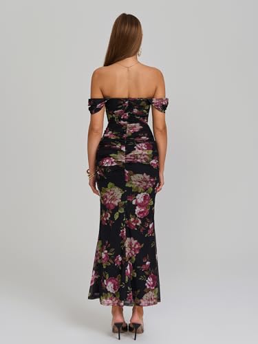 Image of KUTUMAI Off The Shoulder Maxi Long Dress Corset Ruched Bodycon Cocktail Formal Wedding Guest Dresses for Women