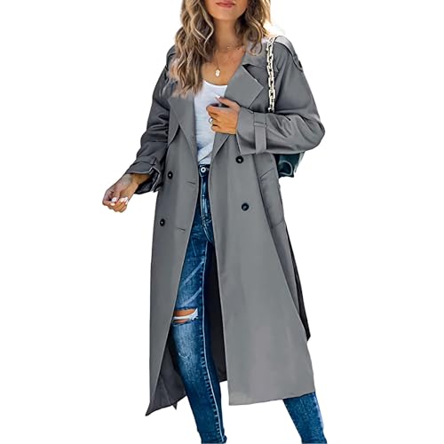 ZYKEJJDDAK Gabardina de doble botonadura para mujer, abrigo largo de longitud media, abrigo holgado rompevientos para mujer, abrigo para otoño e invierno, gris, S-XXL