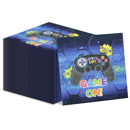 Video Game Party Decorations, 100 Pcs Video Game Napkins Blue Gaming Table Napkins Game On Lunch Napkins for Video Game Theme Party, Kids Birthday