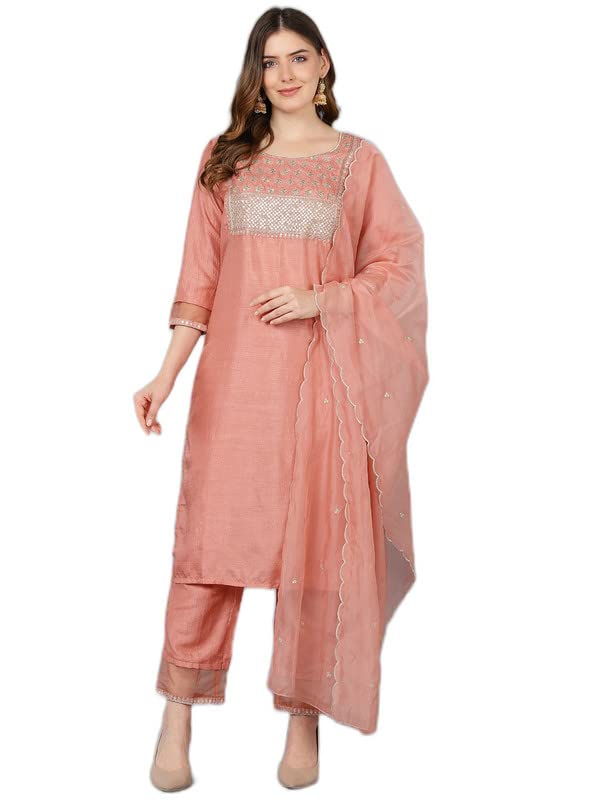 Image of Vaamsi Women's Silk Blend Sequins Yoke Design Straight Kurta Pant With Dupatta