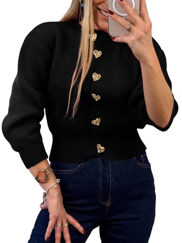 Mieazom Women’s Knit Cardigan Sweater with Heart Buttons, Casual Button Down Knitwear Long Sleeve Cropped Cardigan for Fall Winter Office & Daily Wear Black XL