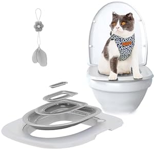 Cat Toilet Training Kit,Cat Toilet Training Systems,Reusable Plastic Cat Toilet Trainer for Pet Cleaning with 1 Replaceable Cat Feather Toy,Litter Boxes(White Tray,1 Gray Inner Support)
