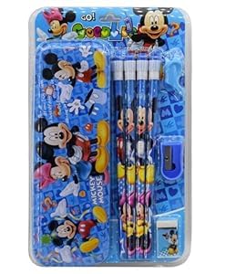 Image of Kidox Stationery Set for Kids- Birthday Gift for Girls, Boys - Metal Geometry Box for Girls & Boys Kids Pencil Box Set, Pencil Case Set, Pencil, Erasers, Sharpener for Children-Blue Micki-Mouse