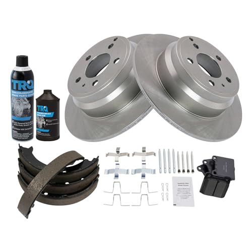 Image of TRQ Rear Brake Pad & Rotor Kit, with Chemical Kit Parking Brake Shoe Set Ceramic Compatible with 1994-1996 Volvo 850 1998-2004 C70 1998-2000 S70