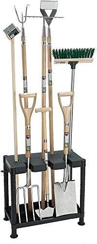 2 Tier Garden Tool Holder Heavy Duty Garden Tools Storage Multi Tool Portable Organiser Tidy with Wheels for Sheds Garages & Outdoors Freestanding Holder for Rakes Shovels Brooms 84 x 75 x 35cm GREEN