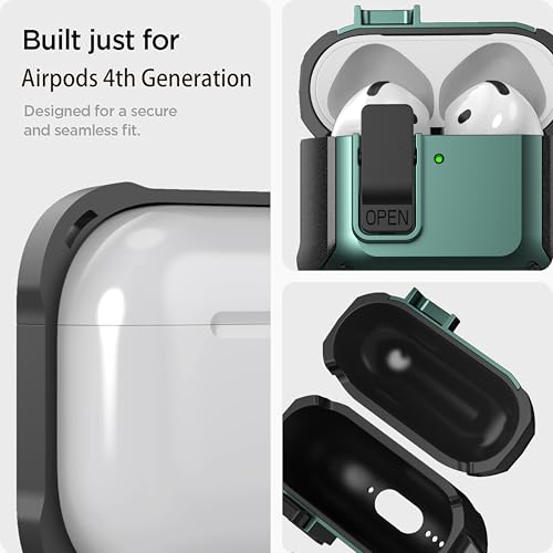 Image of Olytop for Airpods 4 Case with Lock Clid, Rugged Apple Airpods 4th Generation Cover 2024 Men Women, Armor Shockproof iPod 4 Gen Protective Hard Shell with Carabiner&Cleaner kit,Black /Green