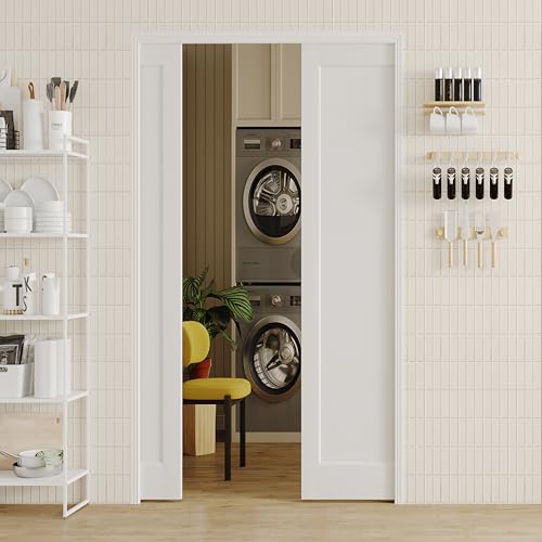 Image of Sliding Pocket Door, 36 inch(Double 18 inch) x 80 inch, 1-Panel Core with Frame and Hardware Kit Set, Interior Doors for Pocket Doors, White Primed - No Panel Assembly Required