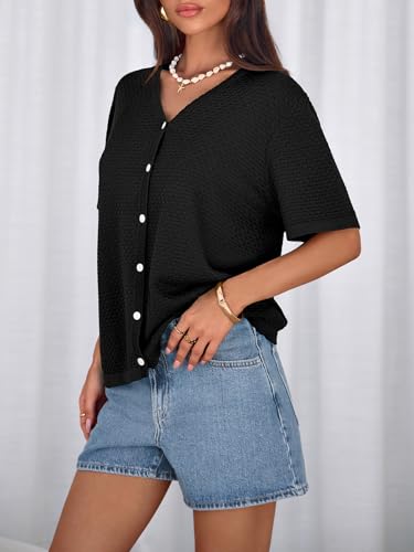 Image of NALANISA Women's Short Sleeve Sweater Spring Summer Crochet Knit Tops 2026 V Neck Striped Button Down Dressy Casual Blouses
