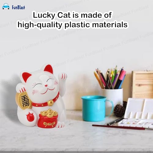 Image of FunBlast Plastic Maneki Neko Lucky Cat, Waving Arm Solar Powered Good Luck Wealth Welcoming Display Car Decor Paw Up with Arm, Decor Item for Home, Office and Car (White), 5 x 6 Cm