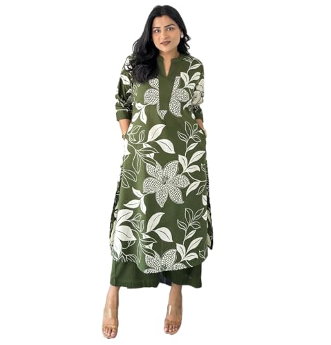 Image of LookMark Women's Floral Printed Cotton Blend 3 /4th Sleeve Knee Length V-Neck Kurta and Palazzo Set for Women