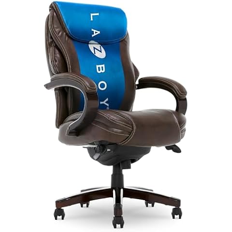 La-Z-Boy Hyland Executive Office Chair with AIR Lumbar Technology, Adjustable High Back Ergonomic Desk Chair with Lumbar Support, Mahogany Wood Finish, Bonded Leather, Brown Cover