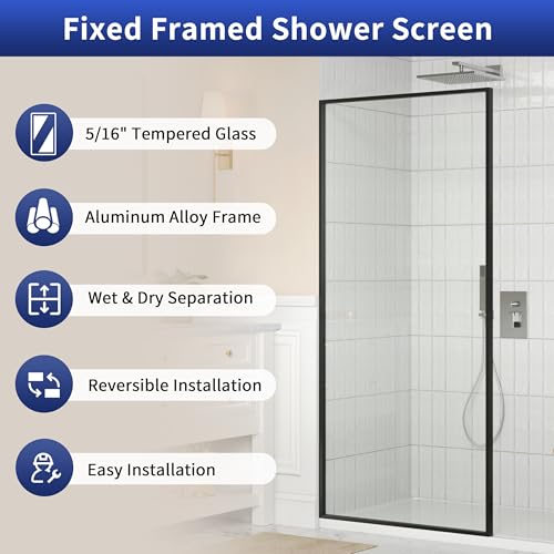 Image of DeerValley 34 inchx74 inch Framed Shower Glass Panel | 5 /16'' Thick Tempered Glass, Stainless Steel Hardware, Reversible Installation, Easy to Clean