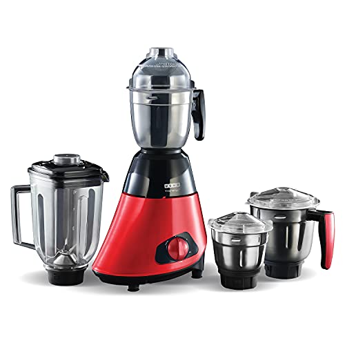 USHA Trienergy+ 800 Watt Powerful 100% Copper Motor 4 Jar Mixer Grinder with Unique Quadriflow Square Blender Jar for Faster Grinding and Smooth Blending || 5 Years Warranty On Motor (Red), 800 Watt