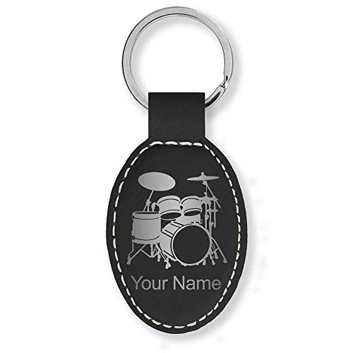 LaserGram Oval Keychain, Drum Set, Personalized Engraving Included (Black with Silver)