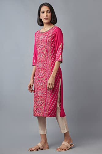 Image of W for Woman Viscose Women Dark Floral Pleated Regular Kurta in Round Neck