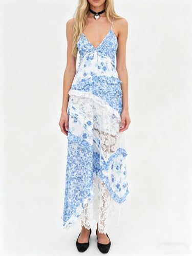 Image of Women Y2k Floral Smocked Maxi Dress Bow Tie Shoulder Tiered Ruffle Midi Sun Dress Boho Casual Beach Long Dresses