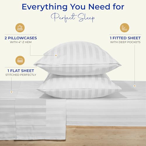 Image of THREAD SPREAD California King Bed Sheets, Luxury 1000 Series Paradise Collection 100% Egyptian Cotton Damask Striped Cal King Sheets Set (4 PC, White Stripe), 16 inch Deep Pocket Hotel Sheet Set