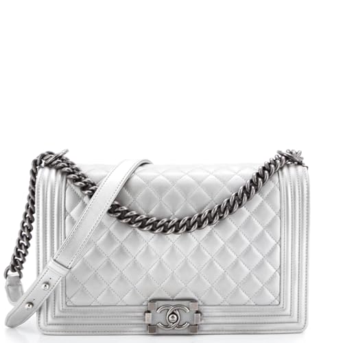 Pre-Loved Boy Flap Bag Quilted Metallic Calfskin New Medium, Silver