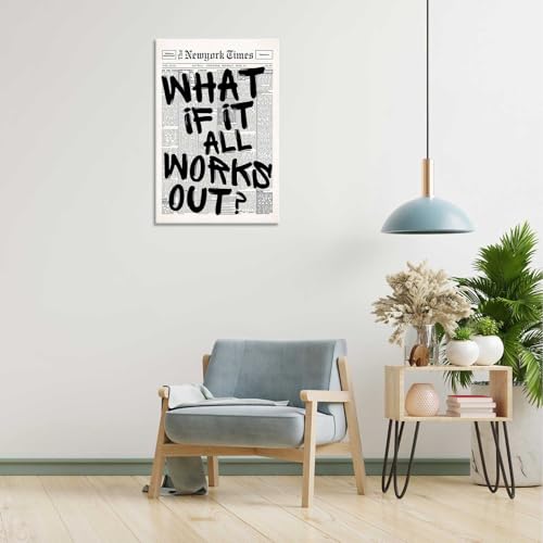 Image of Drimiler Retro Black And White Newspaper Poster What If It All Works Out Canvas Wall Art Positive Affirming Quote Minimalist Prints Painting For Home Bedroom Dorm Wall Decor 16x24in Wframed