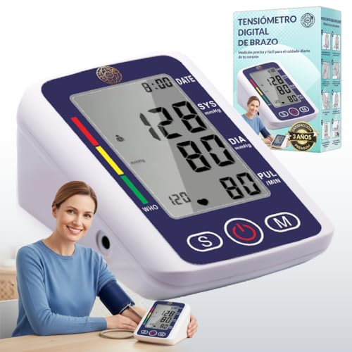 3JG® Tensiómetro de Brazo Digital, Pilas Incluidas y Cable USB C, Pantalla LCD, Validado Clínicamente, 2 Memoria y Fecha, Brazalete 22 32 cm, Azul