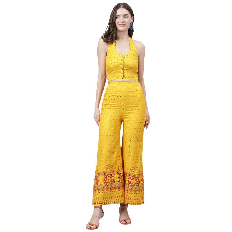 Image of Women's Boho Sleeveless Yellow Crop Top and Wide-Leg Pant Set with Intricate Border Print for Party Birthday | Western Dress for Women