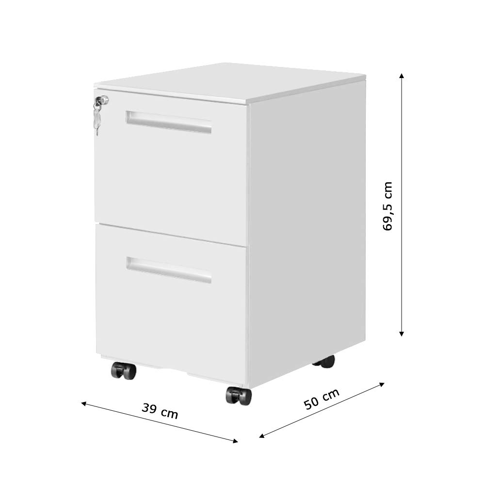 OFITURIA ® Archivador Metálico Blanco con Cerradura para Oficina, Cajonera con Ruedas, 2 Cajones, Viene Montado 52x39x60 cm