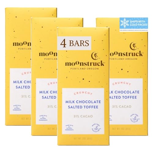 Moonstruck Chocolate Salted Toffee Milk Chocolate Bar, 31% Cacao, 3.0oz (Pack of 4)