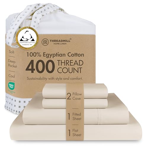 Threadmill Egyptian Cotton Sheets for King Size Bed | 100% Certified Egyptian Cotton King Bed Sheets Set | Snug Fit Elastic Deep Pocket King Sheets Soft, Breathable All Season Solid Sateen | Beige