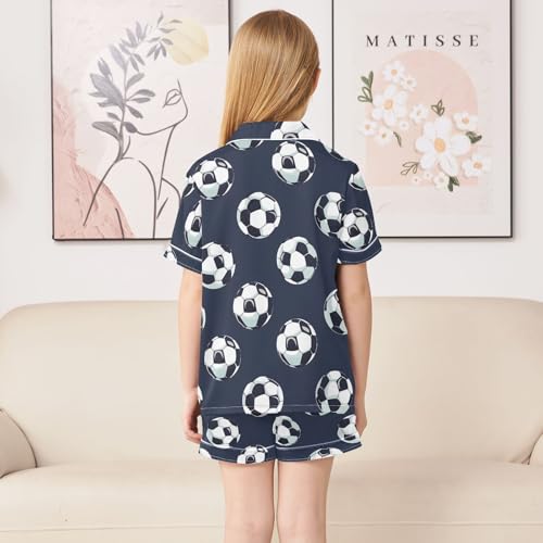 ALAZA Football Ball Soccer Dark Blue Satin Pajamas Set Short Sleeve Button Down Sleepwear Summer Pjs 2 Piece4