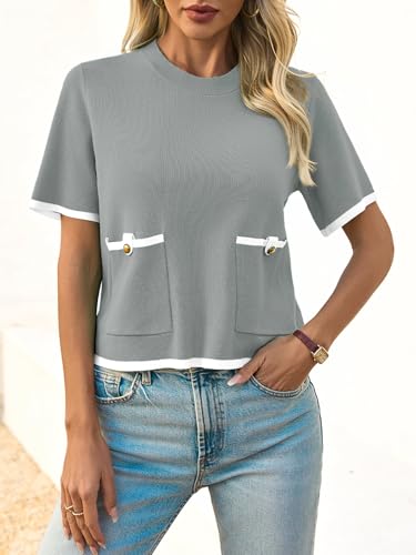 Image of Saodimallsu Women's Short Sleeve Color Block Crew Neck Sweater