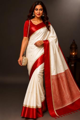Image of Women's Glory Banarasi Satin Silk Saree with Rich Gold Silver Zari Floral Embroidery | Kanjivaram Style | Traditional Wedding & Festive sadi with Contrast Border