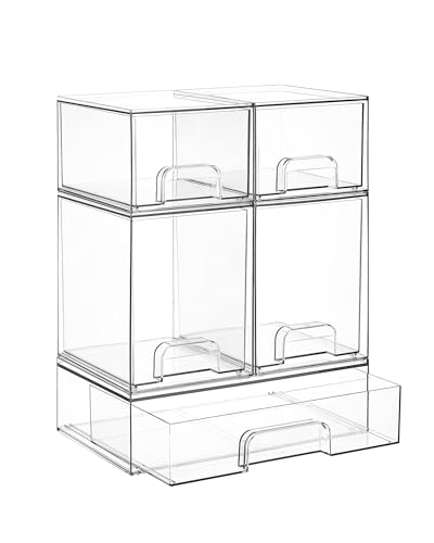 Vtopmart Stackable Storage Drawers Set of 5, Clear Plastic Organizer Bins for Baby Bottle, Beauty...