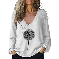 Genérico Women Baggy Cotton Linen Tops Stylish Print Blouse For Women Plus Size Long Sleeve V Neck T Shirt Camisetas Negra Mujer (White #2, XXL)