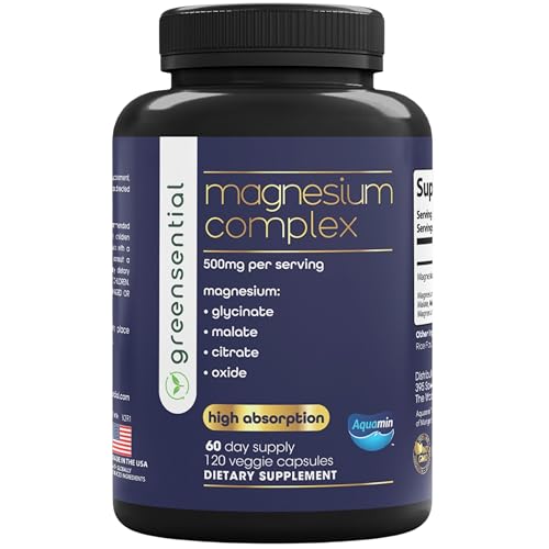 Greensential 5-in-1 Magnesium Complex 500mg with Aquamin | 2-Month Supply | Glycinate, Oxide, Citrate, Malate | High Absorption for Sleep, Muscles, Joints & Energy | Vegan, 120 Count