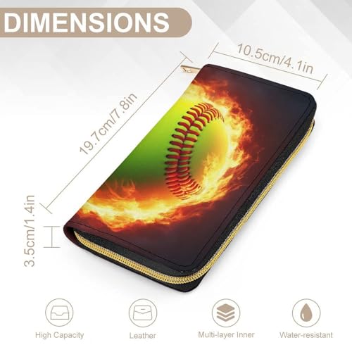 Fashion Decor Wallet, Long PU Zipper Wallet, Travel Purse Fashion Design, Huge Storage Capacity PurseFire Flame Softball Baseball Ball2