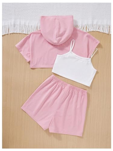 Image of SweatyRocks Girl's 3 Piece Outfits Letter Print Short Sleeve Hooded Tops and Cami Tops with Shorts Set