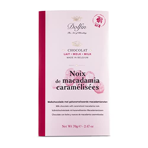 Dolfin Chocolat au Lait & Noix de Macadamia Caramélisées - Chocolat Tablette Riche & Crémeux, Morceaux Noix Croquantes - Idée Cadeau & Friandises - Sans Arômes Artificiels - Fait en Belgique, 70g Cover