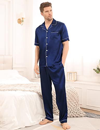 Image of SWOMOG Mens Satin Pajama Set Short Sleeve Classic Sleepwear Button Down Silky Loungewear with Long Pants