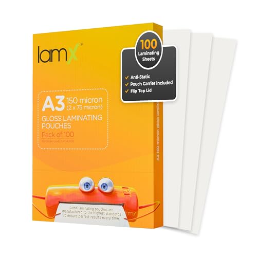 LamX A3 Laminating Pouches 150micron High Gloss Finish Sheets Anti-Static Formula Laminating Pouches A3 150 Micron (75+75 Micron) Pack of 100 Laminating Sheets Free Pouch Carrier Included