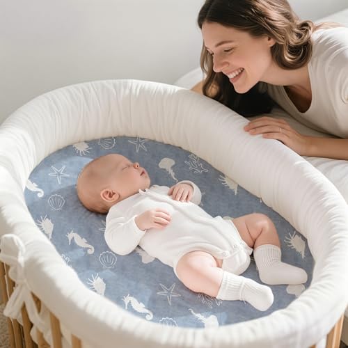 Image of Gllquen Baby Bassinet Sheets 4 Pack, Breathable Cozy Fitted Mattress Sheet | 32 inchx16 inch Soft Baby Sheets for Boys Girls, Compatible with Halo, Snoo, Uppababy, Universal fitted,Baby Gift,